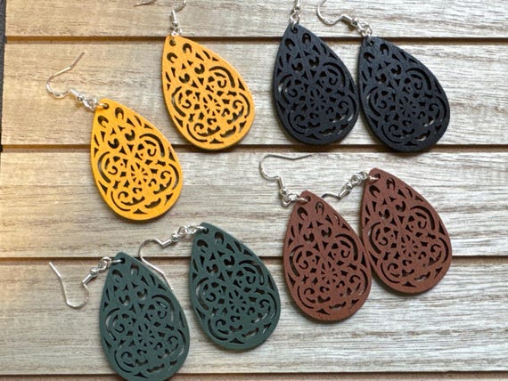 Laser Cut Wooden Earrings | Wooden Teardrop Earrings | Filigree Wood Earrings | BOHO Earrings