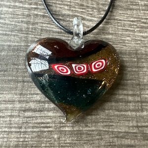 Red/Gold/Green Millefiori Pendant | Lampwork Glass Heart Pendant  Heart Pendant Necklace
