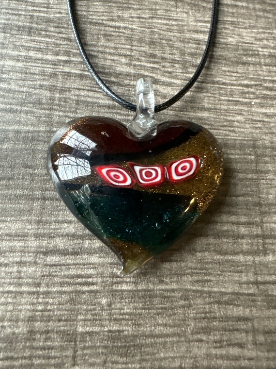 Red/Gold/Green Millefiori Pendant | Lampwork Glass Heart Pendant  Heart Pendant Necklace