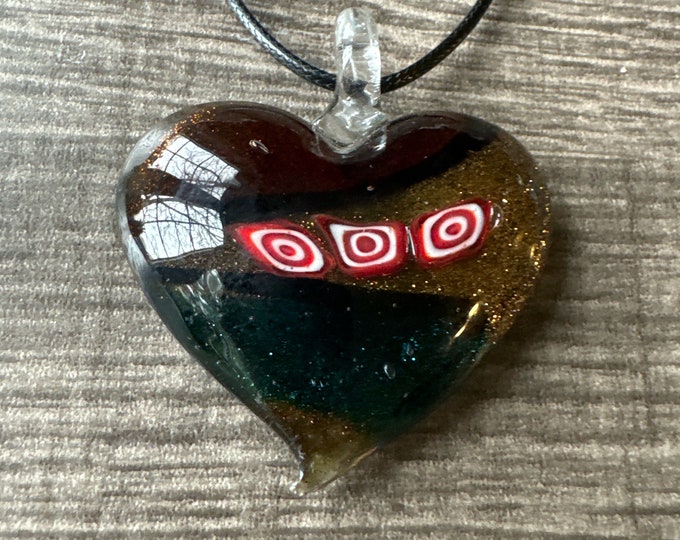 Red/Gold/Green Millefiori Pendant | Lampwork Glass Heart Pendant  Heart Pendant Necklace