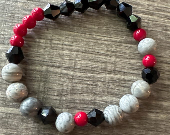 Feldspar and Red Coral Gemstones Stretch Bracelet | Beaded bracelet | Morse code - Honor | Message in a Bracelet | Quote Bracelet