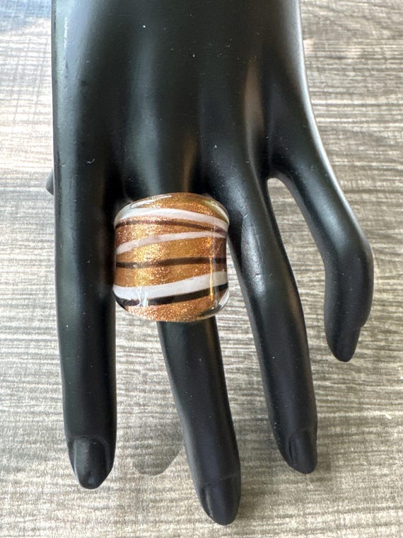 Gold/White/Black Murano Glass LampWork Ring - Size 9