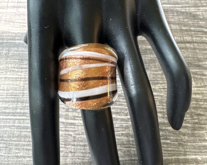Gold/White/Black Murano Glass LampWork Ring - Size 9