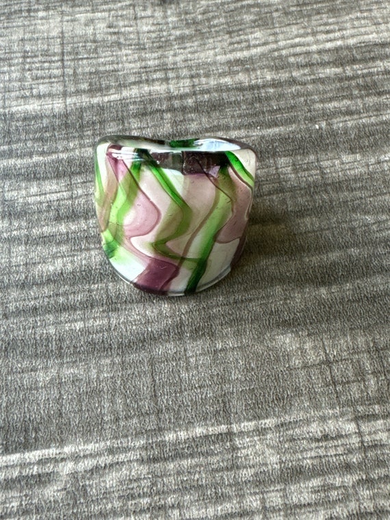 Purple/Green/White Murano Glass Striped LampWork Ring - Size 7 3/4