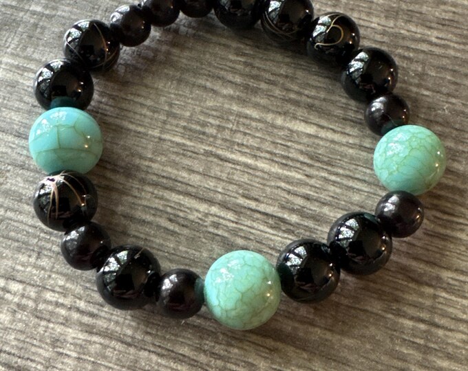 Black & Turquoise Stretch Bracelet | Beaded Bracelet | Morse code- Faith | Message in a Bracelet | Quote Bracelet