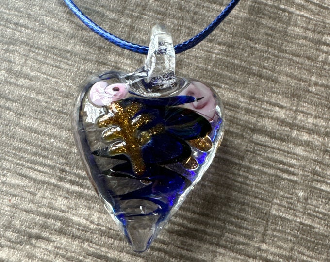 Blue Heart Pendant | Murano Glass Heart | Swirl Heart Pendant Necklace