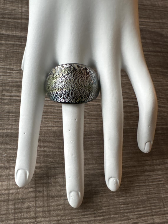 Black/Silver Statement Murano Glass Ring - Size 7 1/2