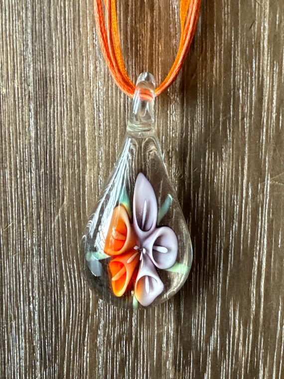 Orange/Purple Flower Pendant | Flower Drop Pendant Necklace