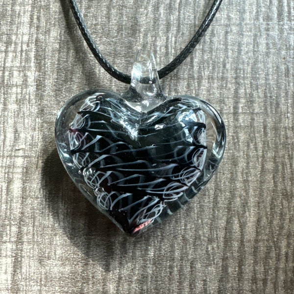 Black/White Heart Pendant | Murano Glass Heart | Heart Pendant Necklace