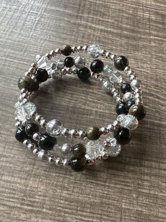 Black Obsidian Bead Memory Wire Bracelet | Memory Wire Bracelet | Gemstone bracelet