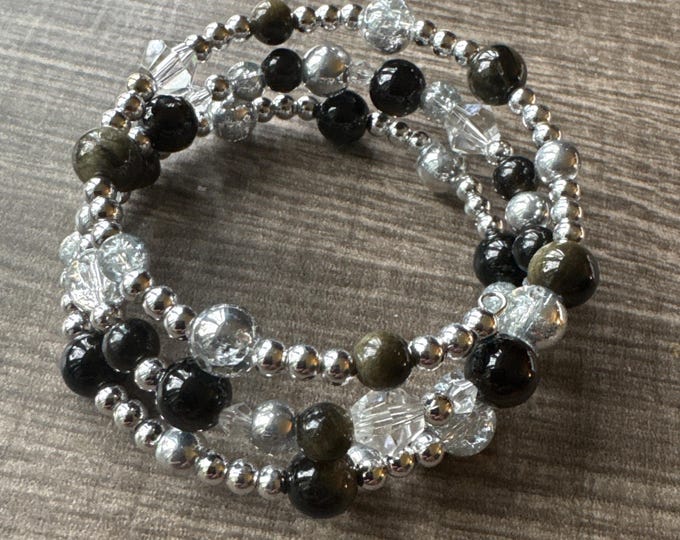 Black Obsidian Bead Memory Wire Bracelet | Memory Wire Bracelet | Gemstone bracelet