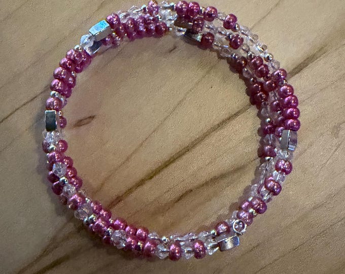 Pink Seed Bead Memory Wire Bracelet