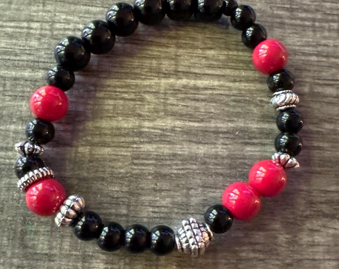 Red Coral and Black Agate Stretch Bracelet | Beaded Bracelet | Morse code - Fighter | Message in a Bracelet | Quote Bracelet