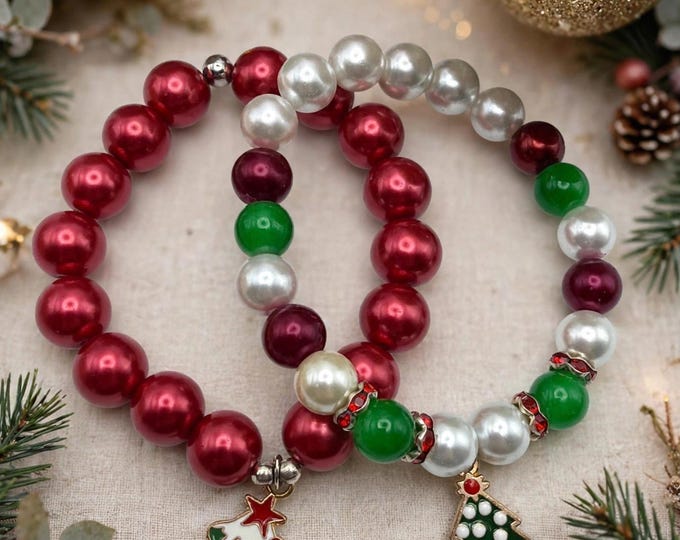 Christmas Tree Charm Bracelet: Pearl Bead Holiday Jewelry | Christmas Bracelet