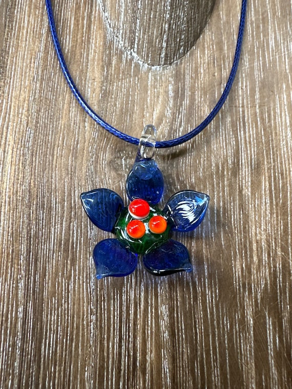 Blue Flower Pendant | Lampwork Glass Flower Pendant Necklace