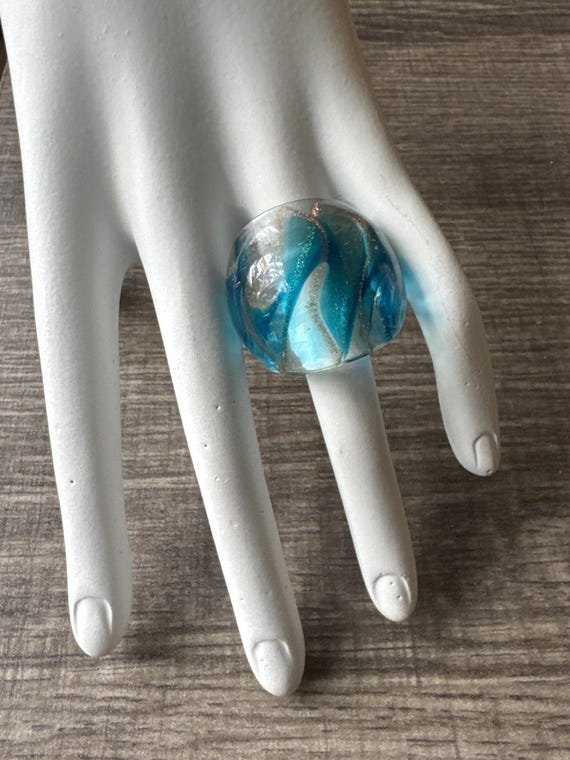 Aqua Blue/Clear/Gold Murano Glass Lampwork Ring