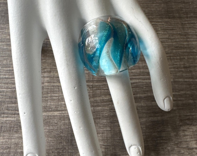 Aqua Blue/Clear/Gold Murano Glass Lampwork Ring