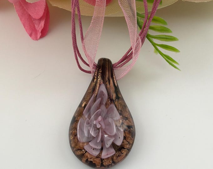 Pink Flower Drop Glass Pendant Necklace | Murano Glass Inspired Flower Pendant |  Lampwork Glass Pink Flower Drop Pendant Necklace