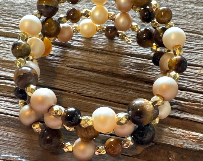 Tiger Eye & Pearl Bead Memory Wire Bracelet  | Gemstone Bracelet | Wrap Bracelet