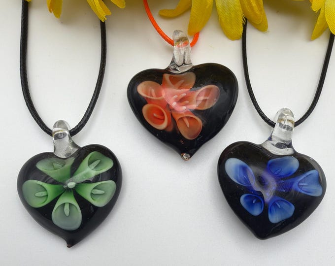 Flower Pendant Necklace | Murano Inspired Glass Flower Pendant Necklace | 3D Glass Heart Pendant | Lampwork Glass Flower Pendant Necklace