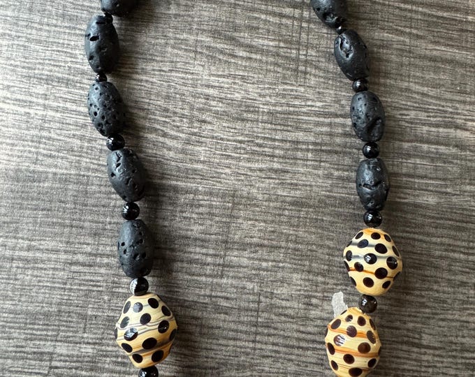 Lava Bead and Ceramic Leopard Print Beads Statement Necklace
