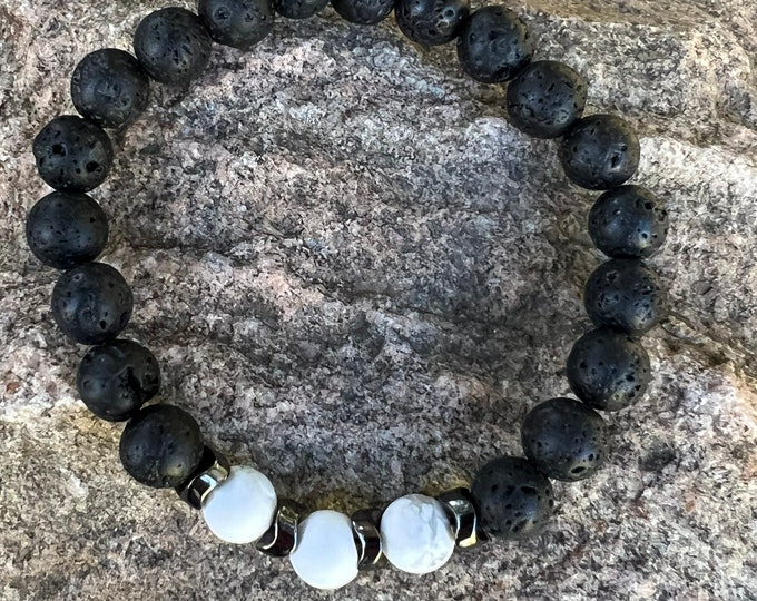 White Howlite & Lava Bead Stretch Bracelet | Beaded Bracelet | Lava Bead Bracelet