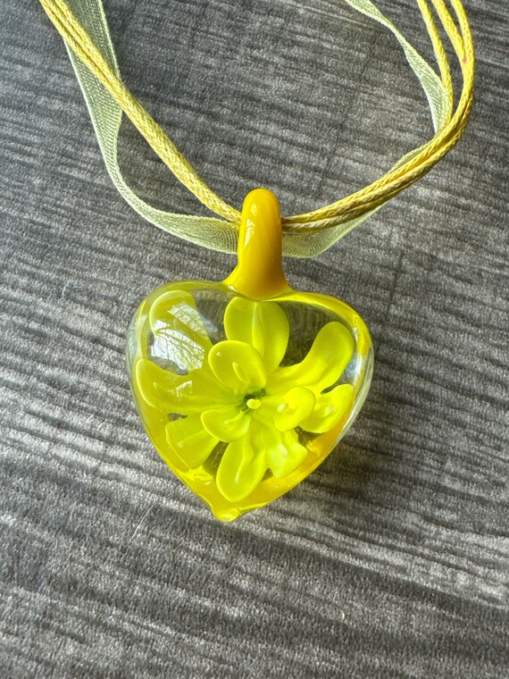 Yellow Flower Pendant Lampwork Heart Pendant | Heart Pendant Necklace