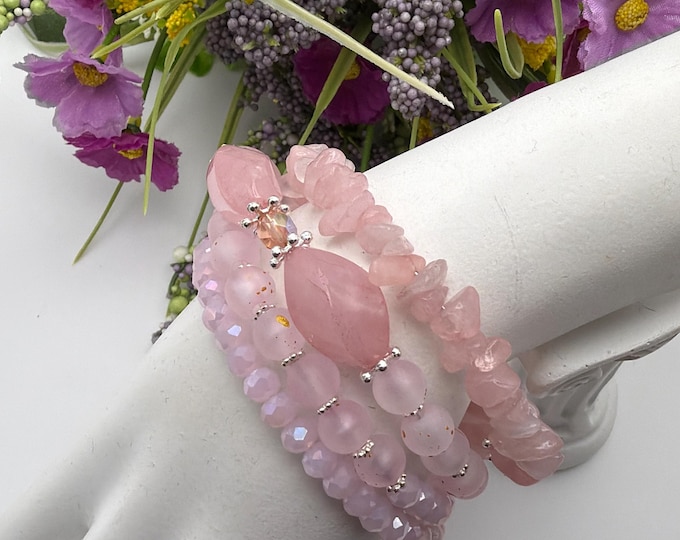 Rose Quartz Stone Chip Memory Wire Bracelet | Pink Memory Wire Bracelet