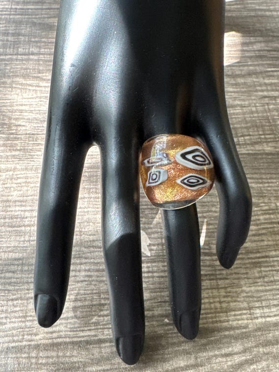 Gold Millefiori Flower Glass Ring - Size 8