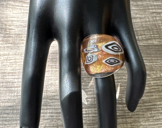 Gold Millefiori Flower Glass Ring - Size 8