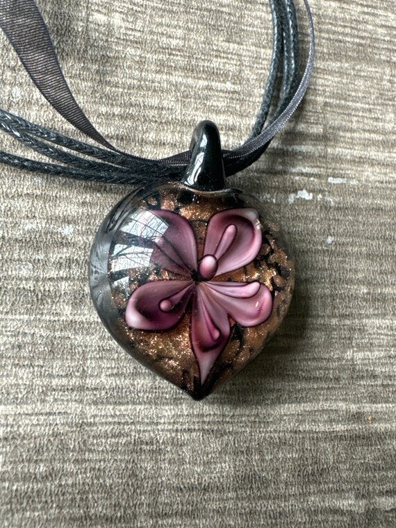 Purple Murano Glass Heart Flower Pendant Necklace