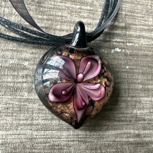 Purple Murano Glass Heart Flower Pendant Necklace