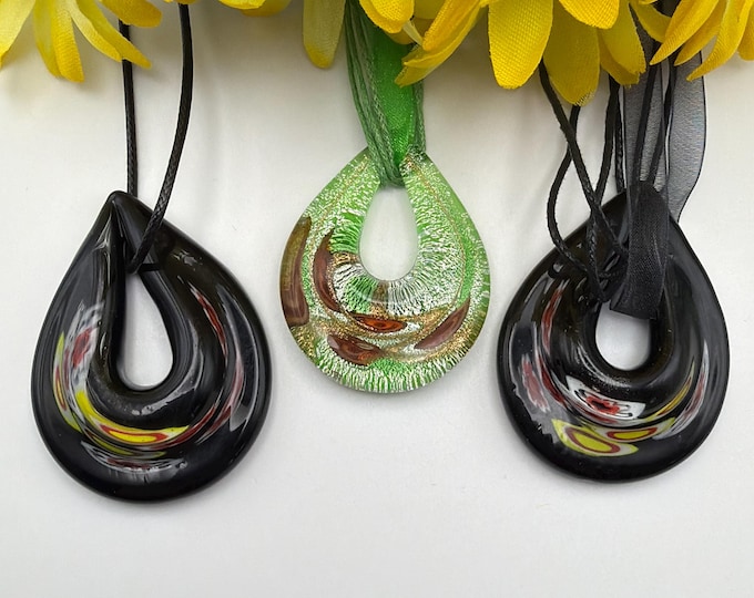 Black Millefiori Teardrop Pendant | Glass Teardrop Pendant Necklace | Lampwork Glass Pendant