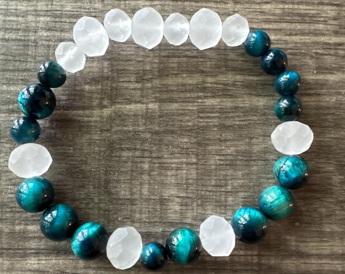 Blue Tiger Eye Gemstones Stretch Bracelet | Beaded bracelet | Morse code - Honor | Message in a Bracelet | Quote Bracelet