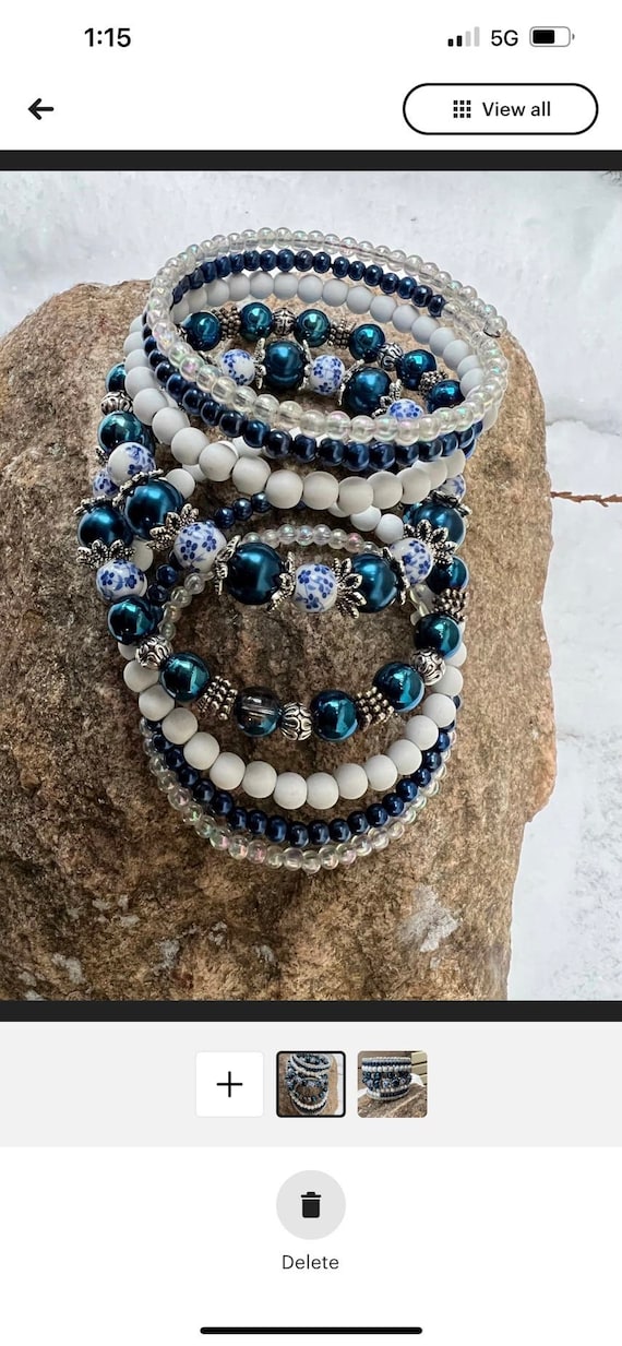Beaded Memory Wire Bracelet featuring Tropical Denim Blue and Brown Wood  Beads and Flower Charm