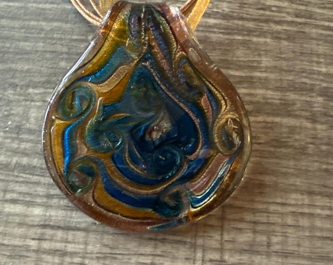 Brown/Gold/Blue Large Clam Shell Pendant | Clam Shell Glass Pendant Necklace