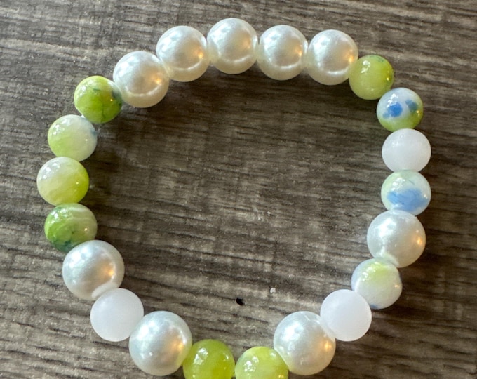 Green Jade & Pearl Stretch Bracelet | Beaded bracelet | Morse code - Faith | Message in a Bracelet | Quote Bracelet