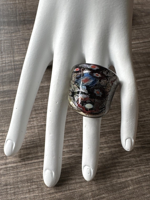 Black Thick Band Millefiori Flower Statement Glass Ring - Size 9