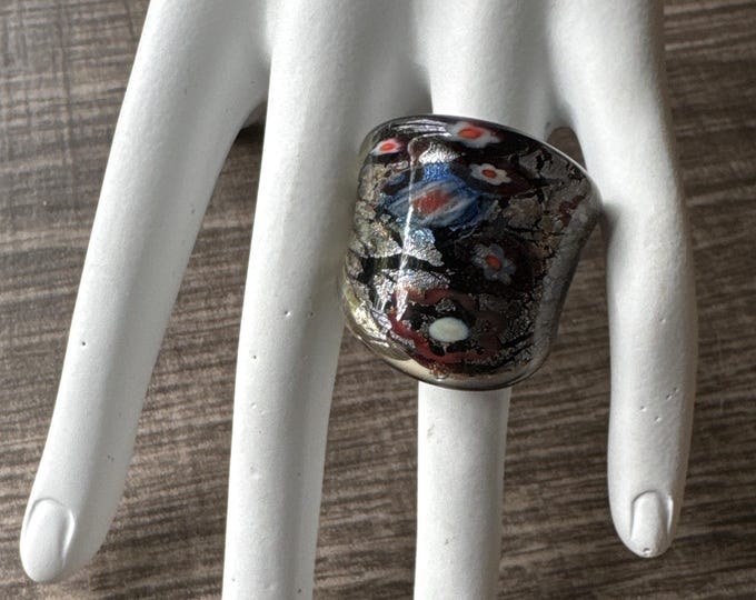 Black Thick Band Millefiori Flower Statement Glass Ring - Size 9