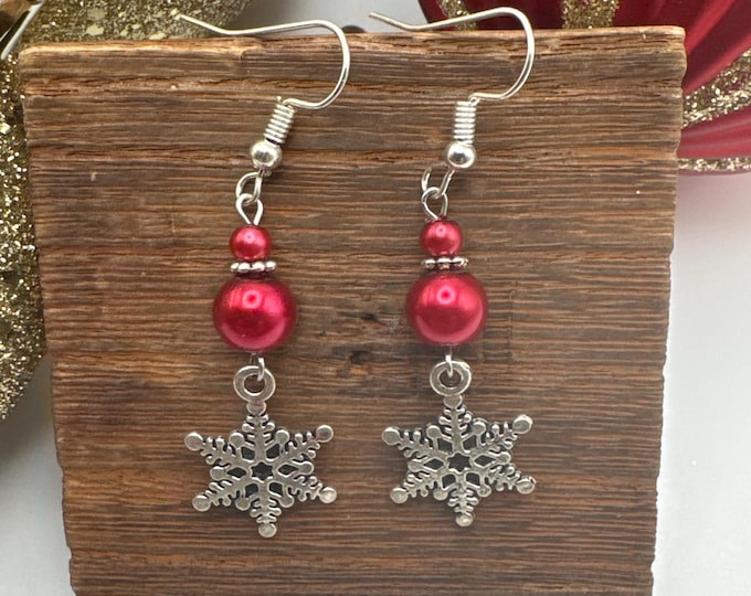 Snowflake Red Pearl Earrings
