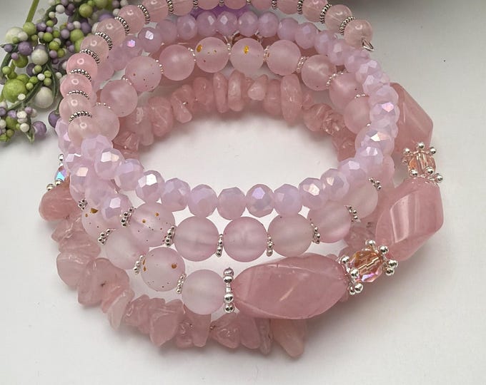 Rose Quartz Stone Chip Memory Wire Bracelet | Pink Memory Wire Bracelet