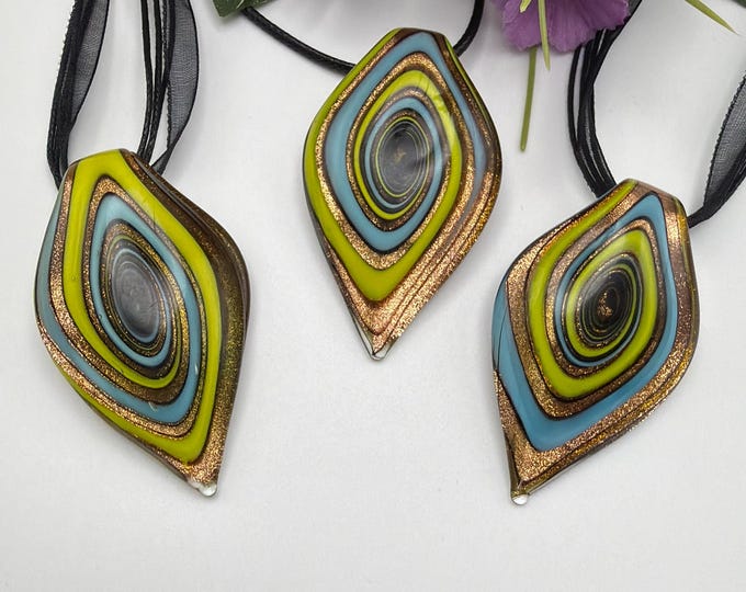 Blue/Gold/Yellow Leaf Pendant | Murano Glass Inspired Glass Leaf Pendant | Leaf Pendant Necklace