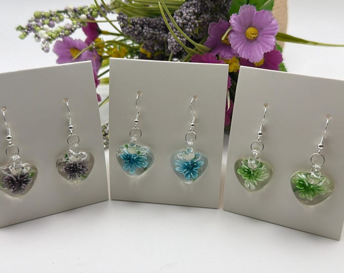 Heart Flower Drop Earrings | Murano Inspired Glass Earrings | Colorful Flower Earrings