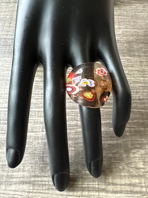 Gold Color Millefiori Design Statement Glass Ring - Size 8