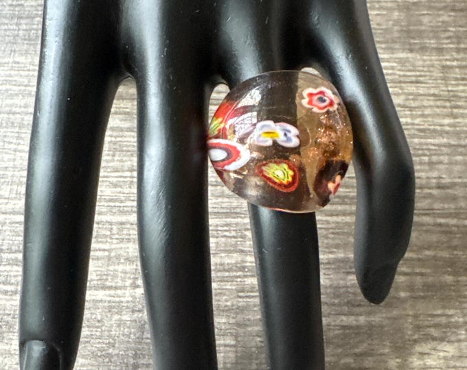 Gold Color Millefiori Design Statement Glass Ring - Size 8