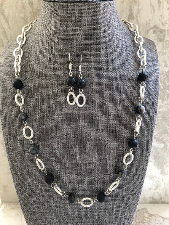 Lava Rock and Black Web Jasper Picasso Jasper Gemstone Necklace and Earring Set