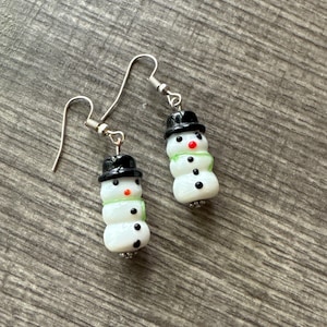 Snowman Earrings | Lampwork Glass Snowman Earrings | Stocking Stuffers | Christmas Earrings