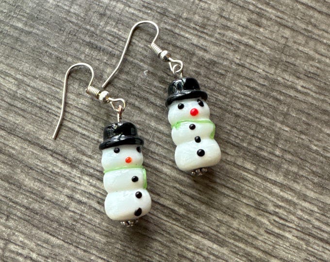 Snowman Earrings | Lampwork Glass Snowman Earrings | Stocking Stuffers | Christmas Earrings
