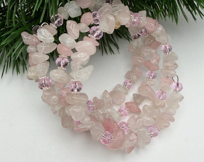 Rose Quartz Chip Memory Wire Bracelet | Pink Memory Wire Bracelet