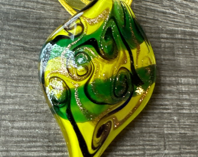 Yellow/Green/Black Leaf Pendant | Murano Glass Leaf | Leaf Pendant Necklace